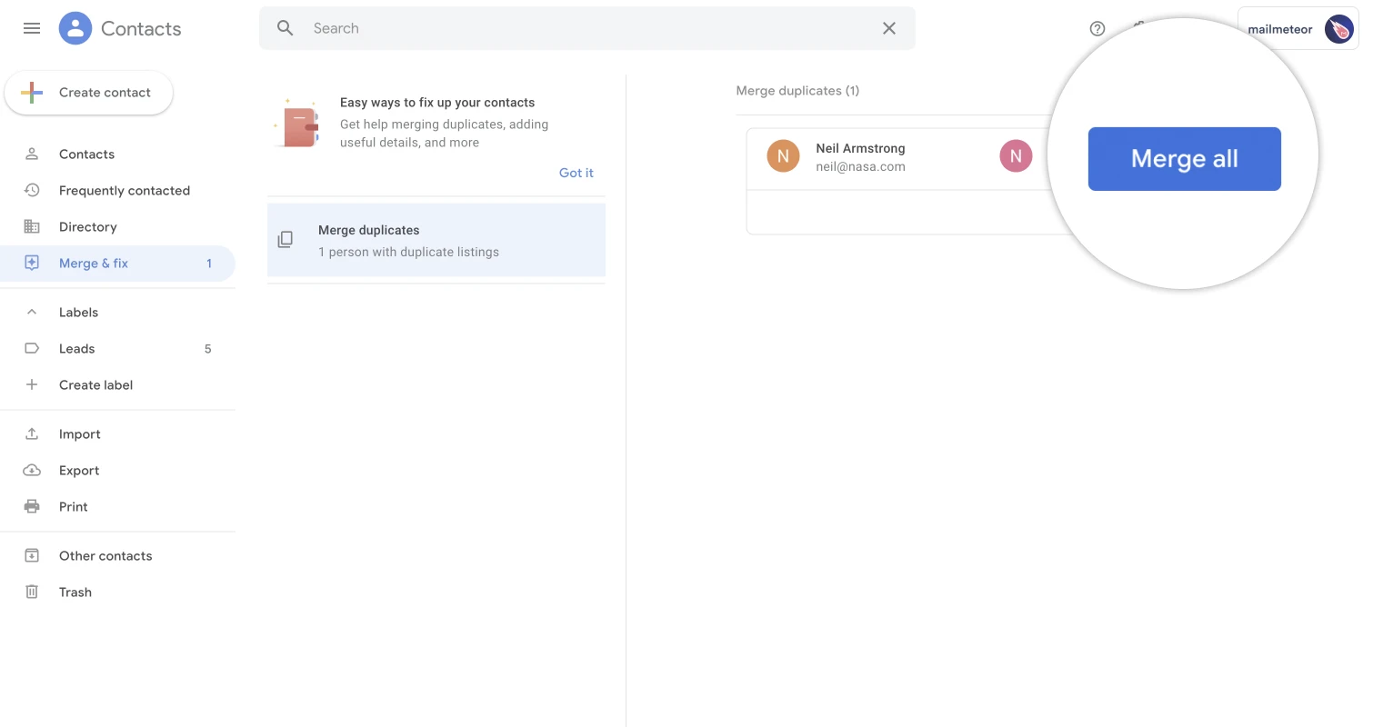 Merge all duplicates in Google Contacts