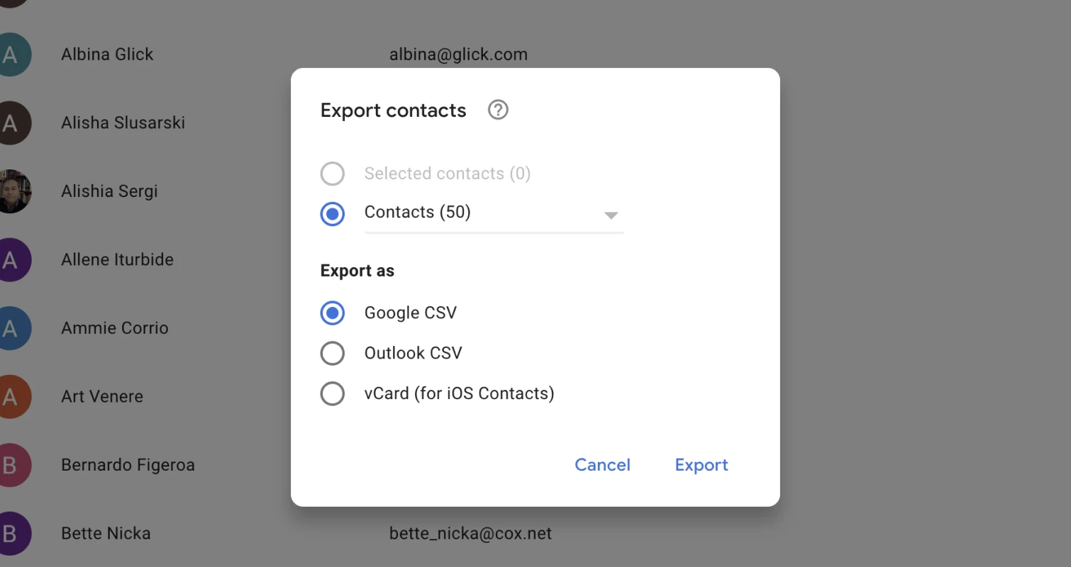 Export contacts from Google Contacts interface