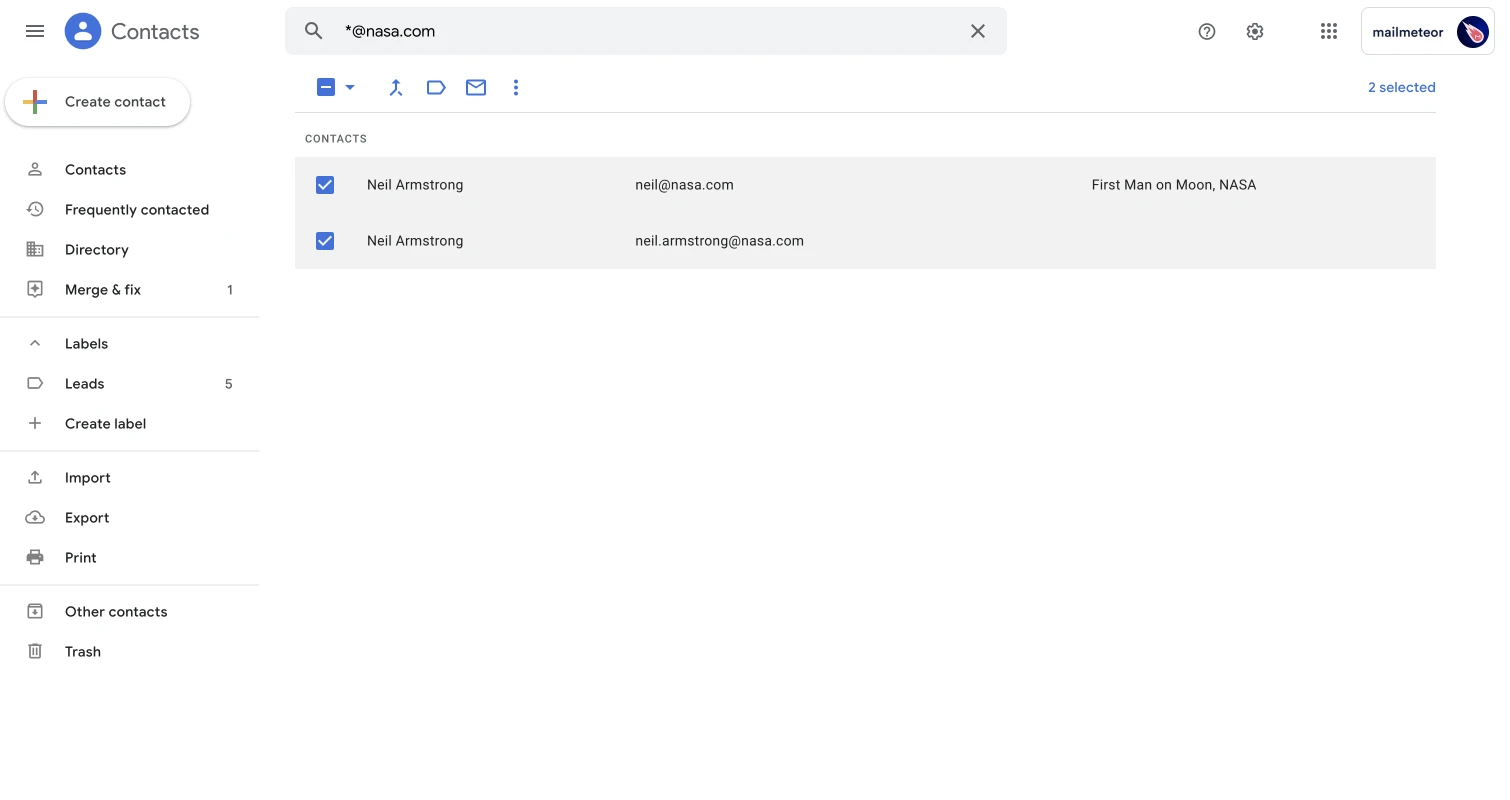 Searching for contacts in Google Contacts interface