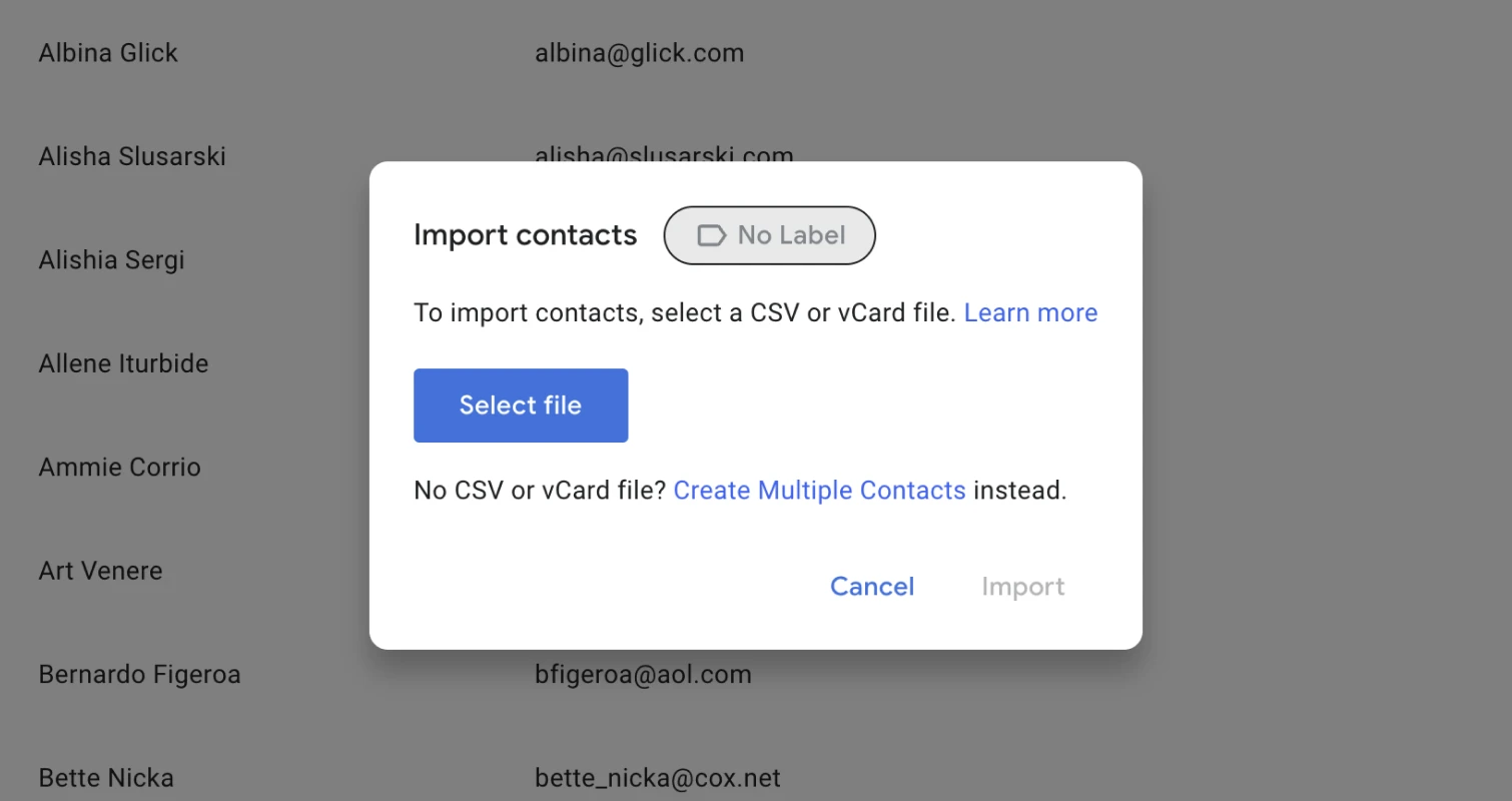 Import contacts in Google Contacts interface