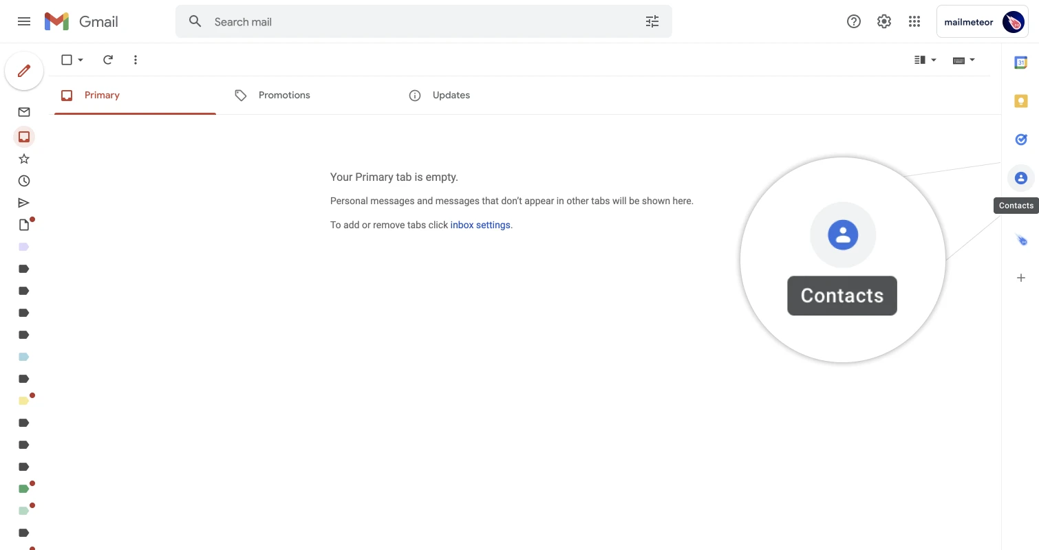 Gmail's sidebar focused on Google Contacts add-on