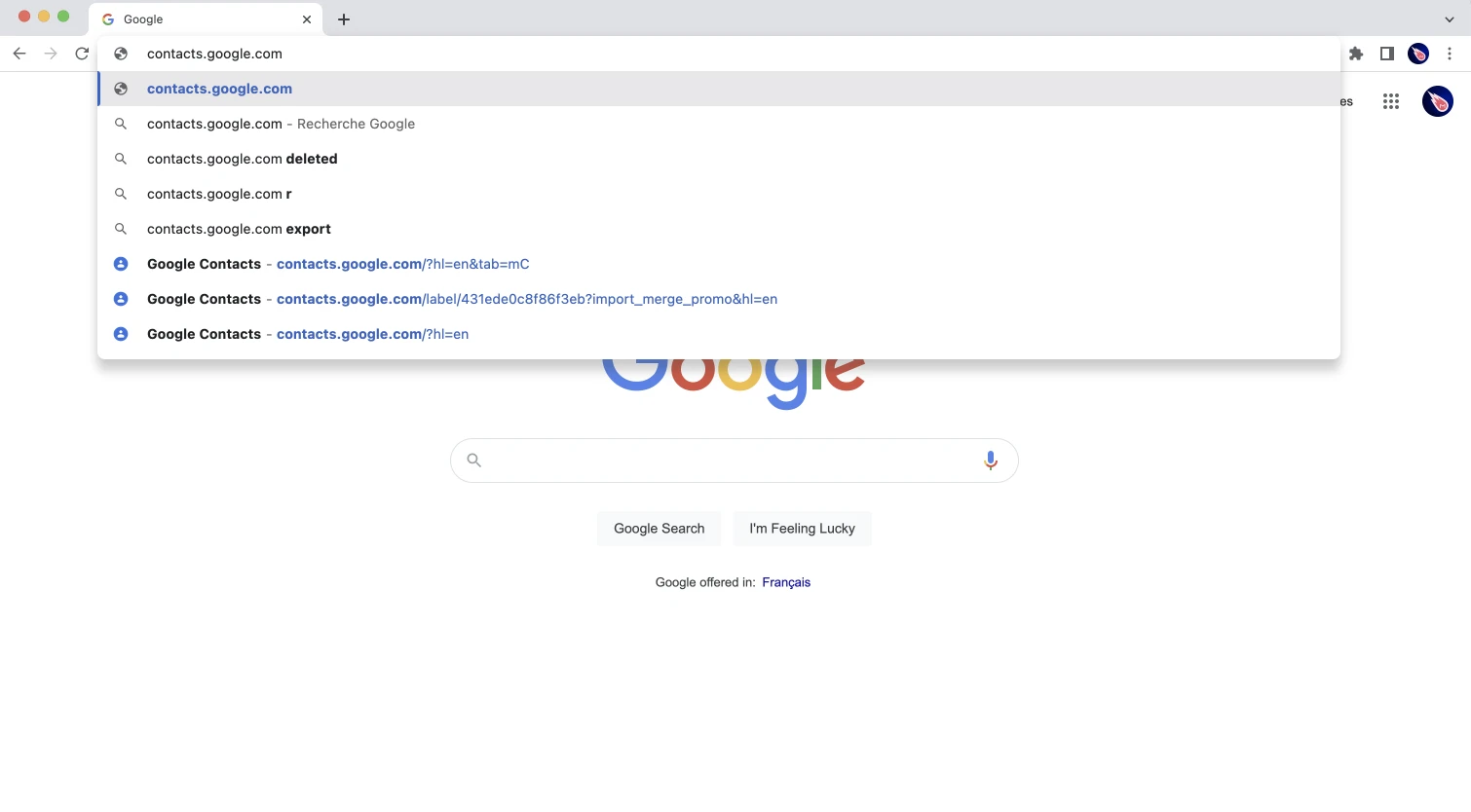 Google Chrome searching for contacts.google.com in omnibar