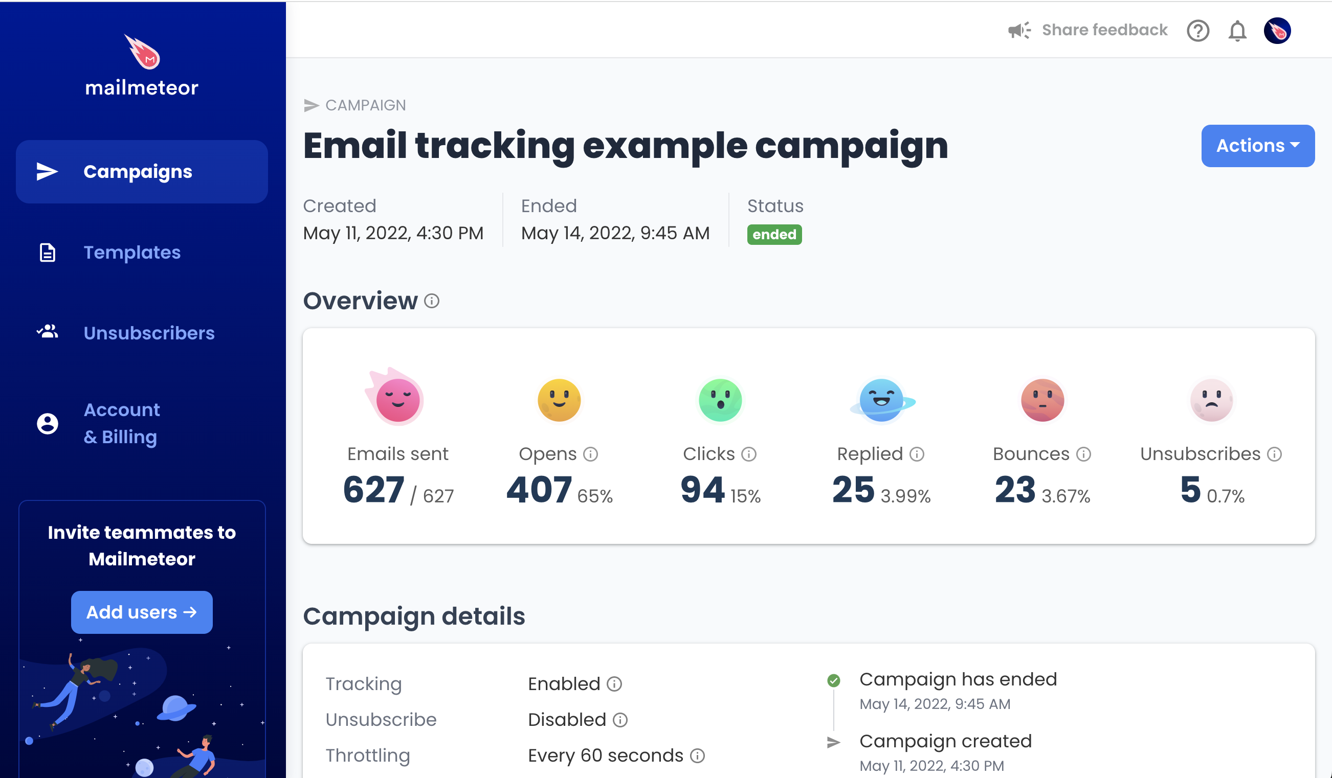 Mailmeteor's tracking data in the Dashboard