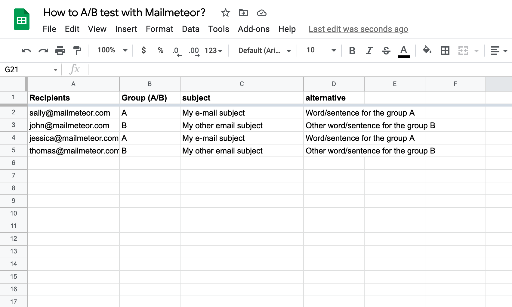 Demo spreadsheet in Google Sheets to send an AB test