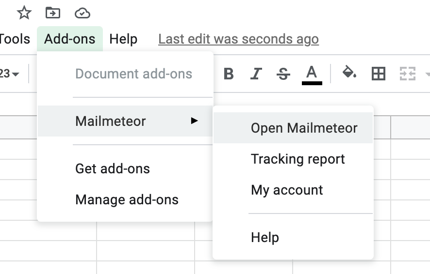 Open Mailmeteor from the "Add-ons" menu in Google Sheets