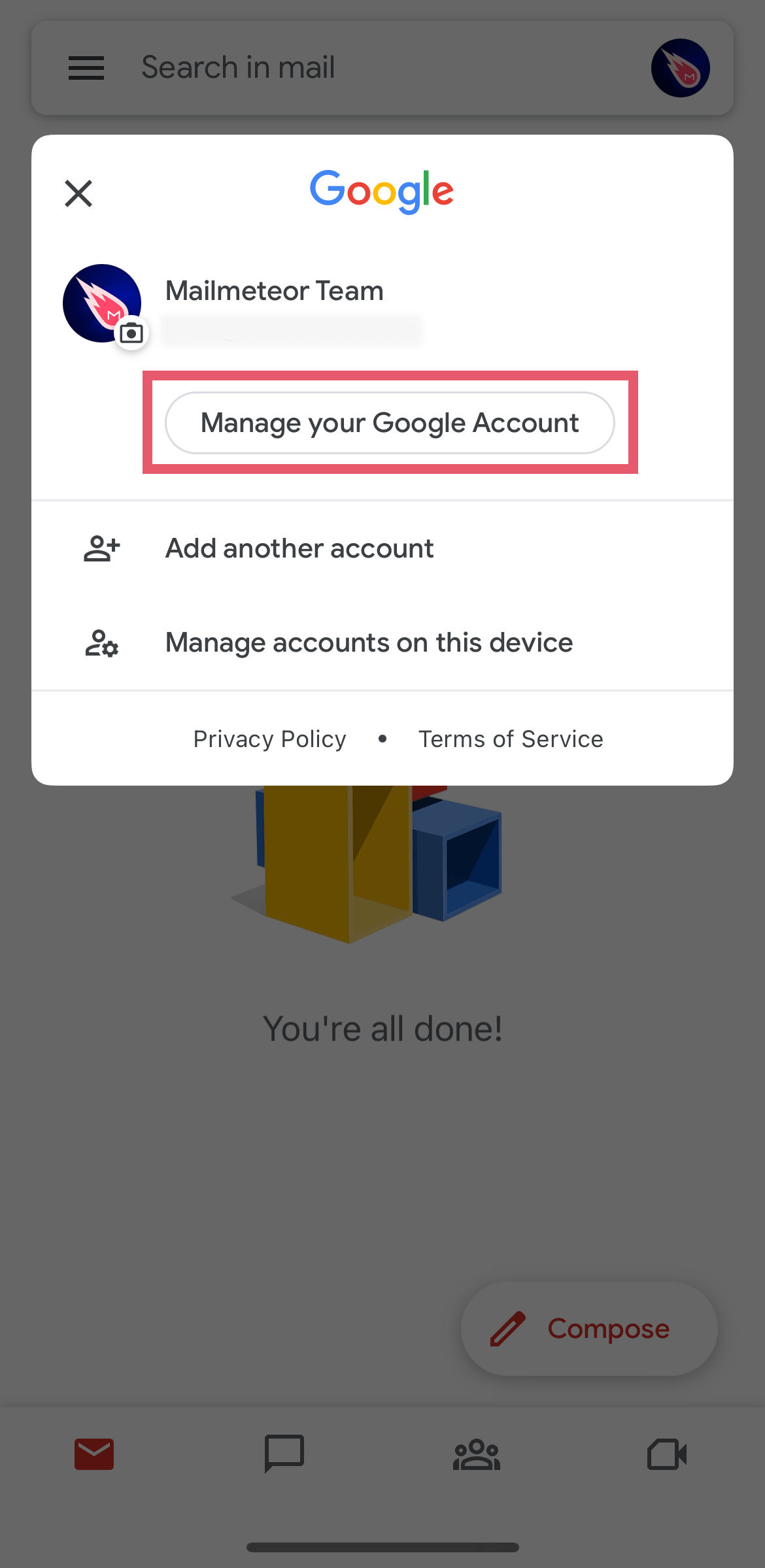 Manage account in the Gmail iPhone app