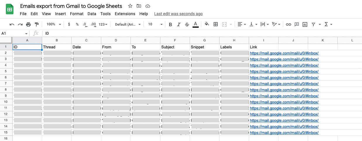 Emails exported from Gmail to Google Sheets