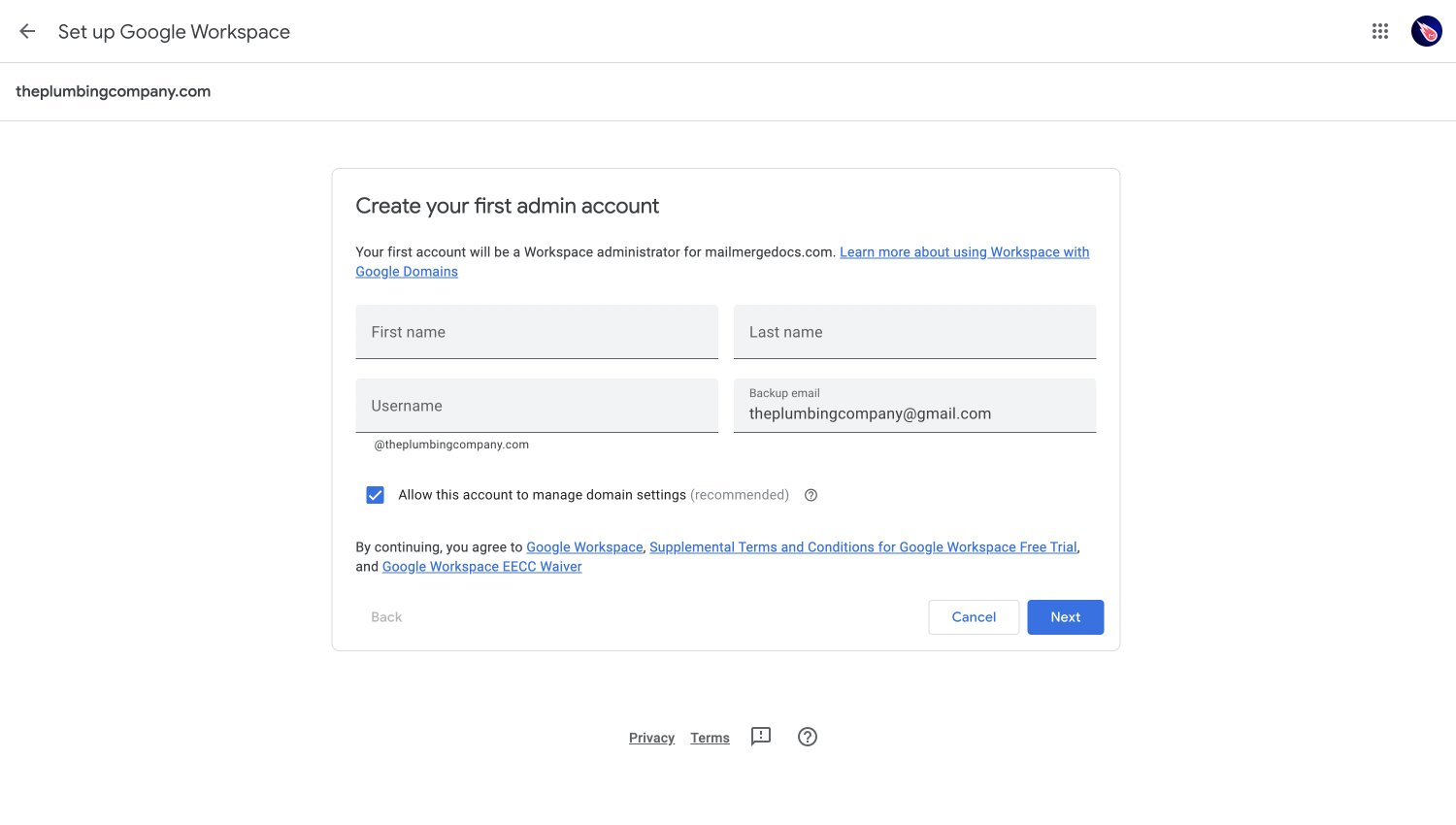 Google Workspace admin account creation