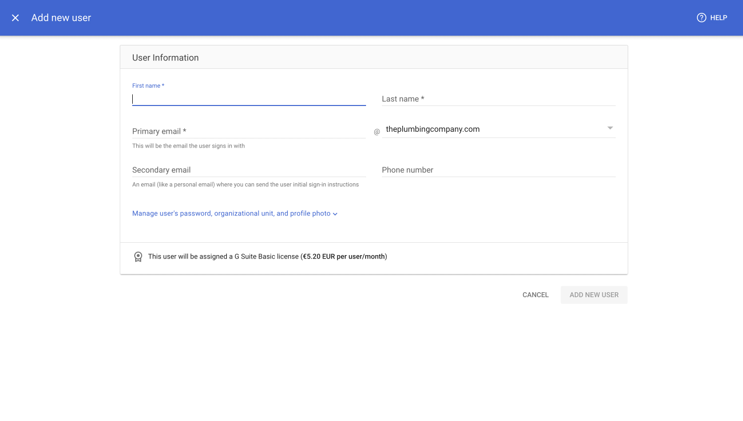 Google Workspace Admin: new user form