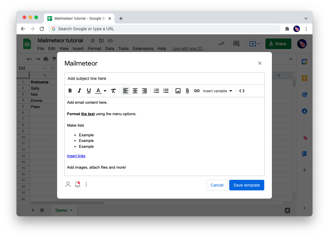 Compose email in Mailmeteor's addon for Google Sheets