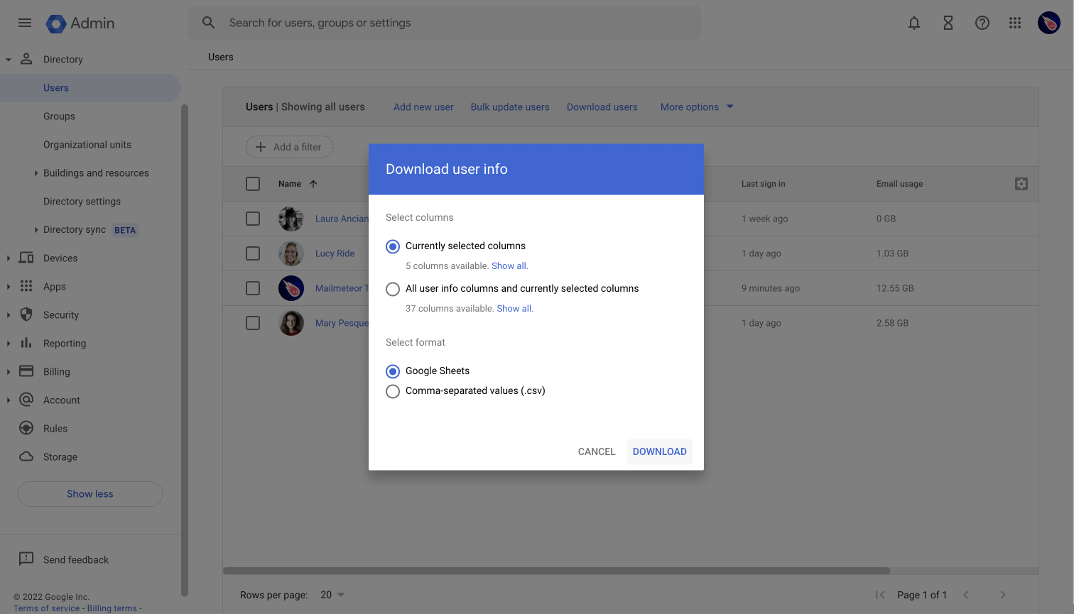 Download users list in Google Workspace
