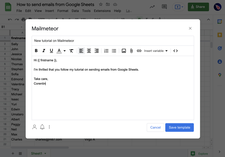 Preview emails in Google Sheets using Mailmeteor