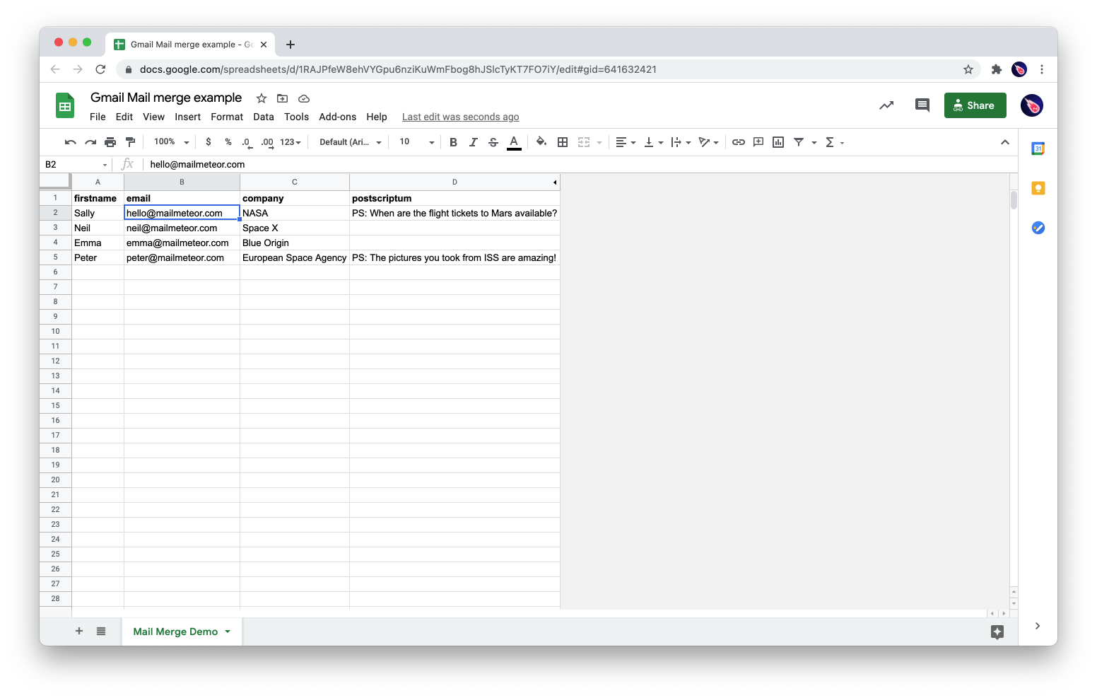 Example spreadsheet to send mass emails in Gmail