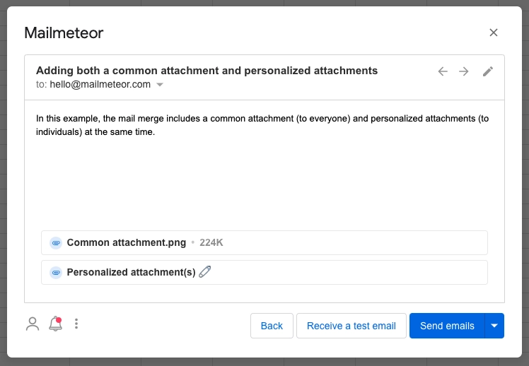 Screenshot showing how to send unique attachments for each recipient and also attach files that are common to each recipient