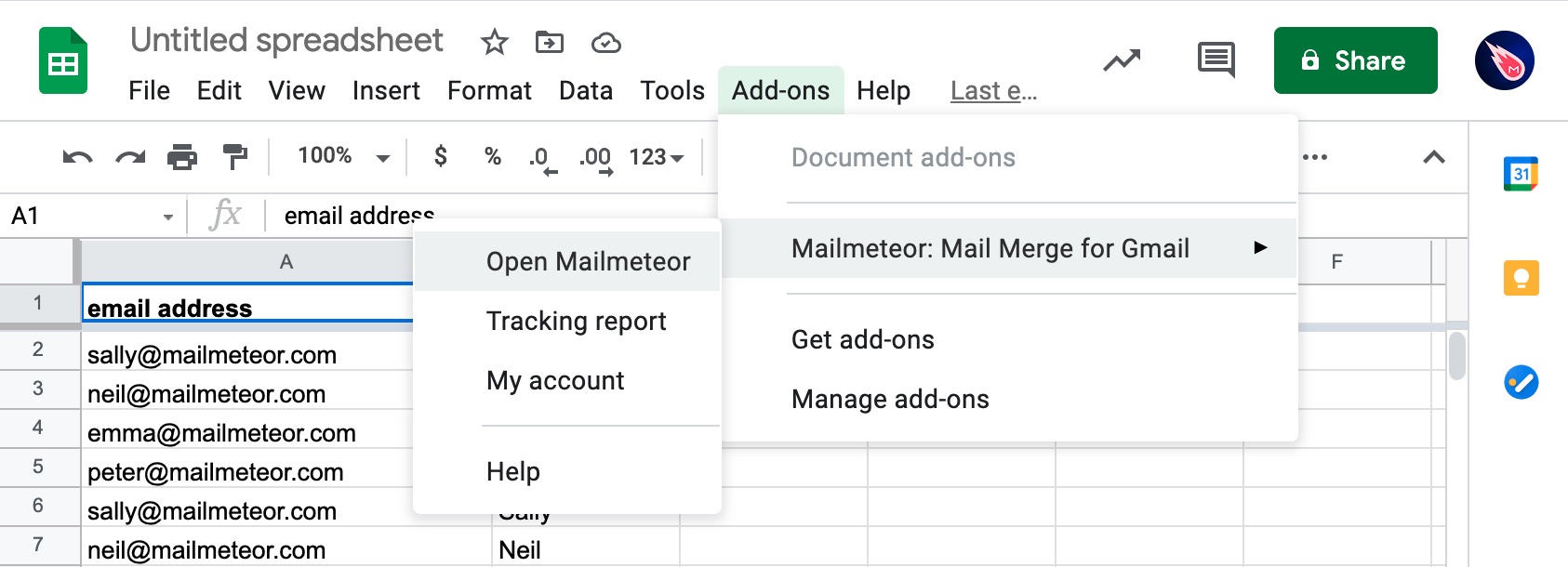 Open Mailmeteor from the Add-ons menu in Google Sheets