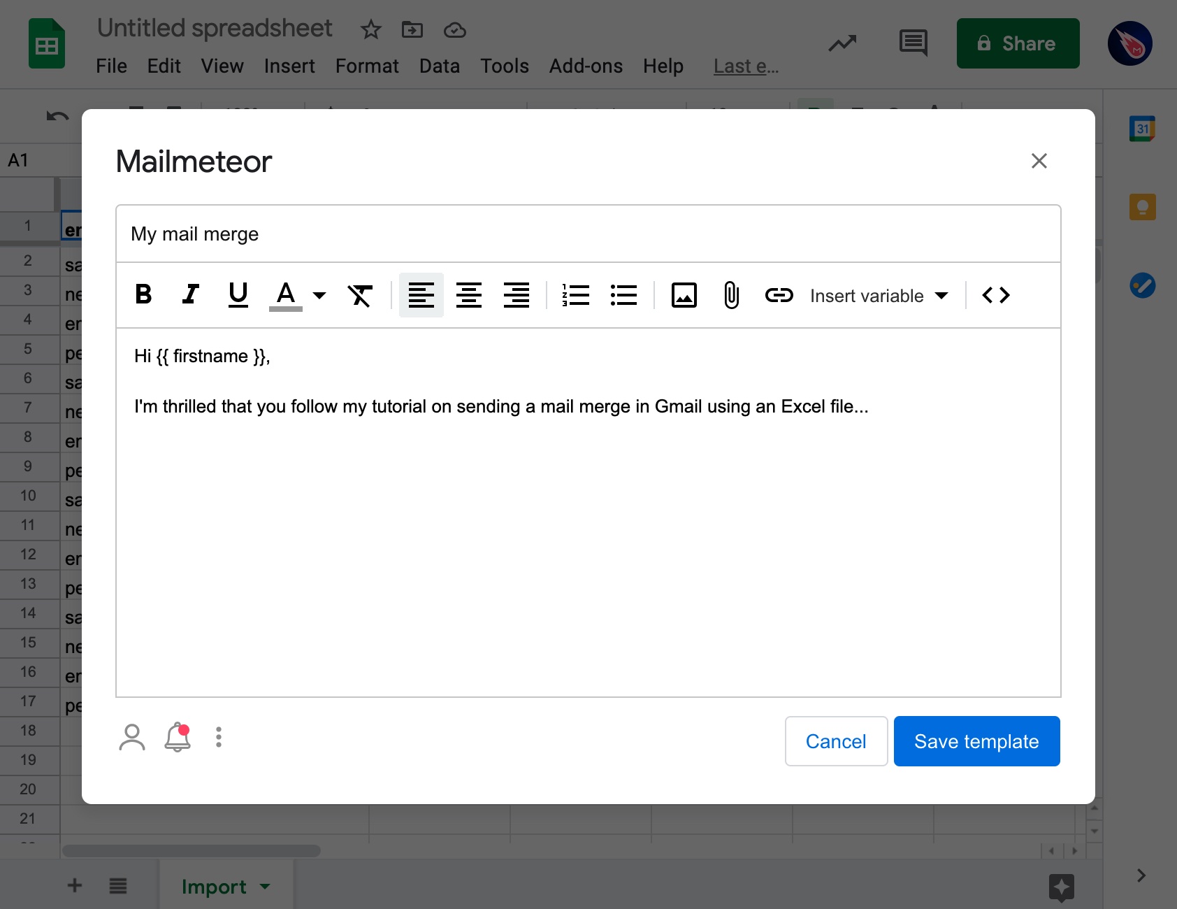 Example of a draft for a mail merge in Mailmeteor