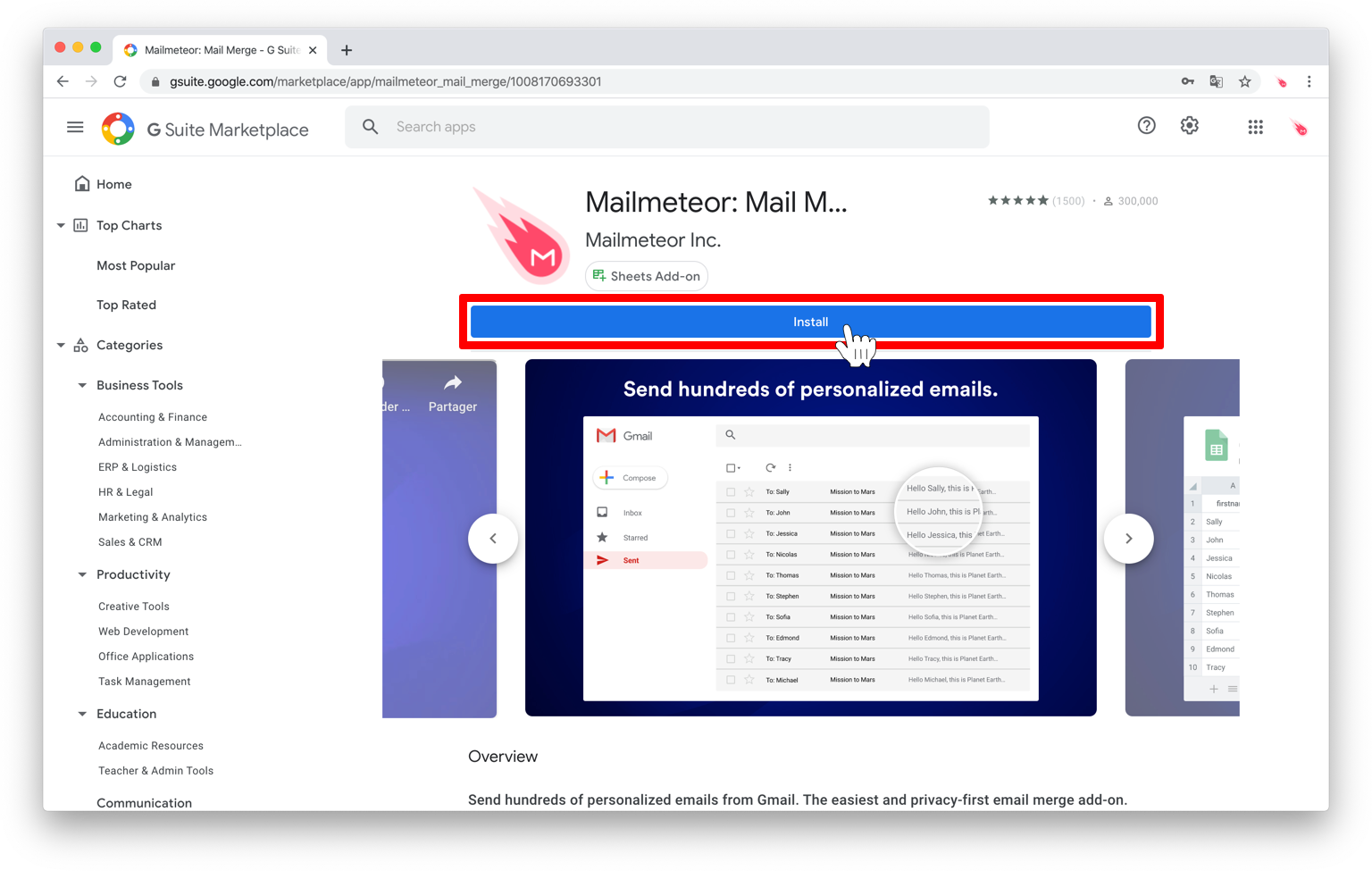 Install Mailmeteor for Google Sheets