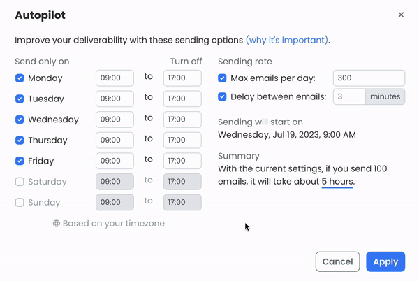 Send on Autopilot without weekdays