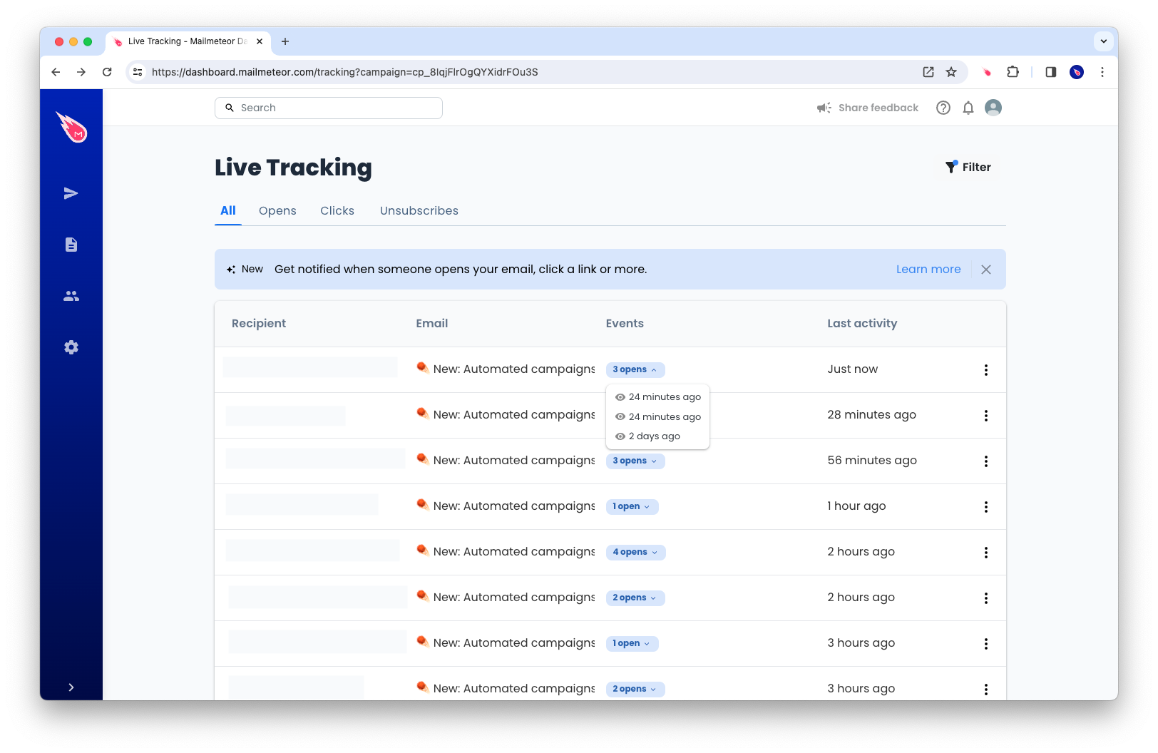 Live Tracking of your email activity in Mailmeteor Dashboard