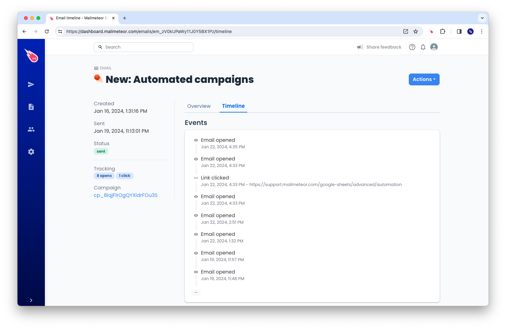 Timeline of an email activity in Mailmeteor Dashboard