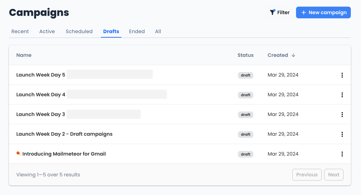 Draft campaigns list in Mailmeteor Dashboard