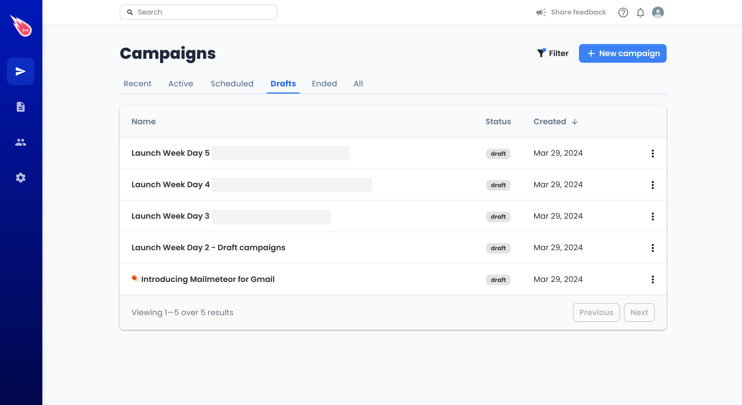 Draft campaigns tab in Mailmeteor Dashboard