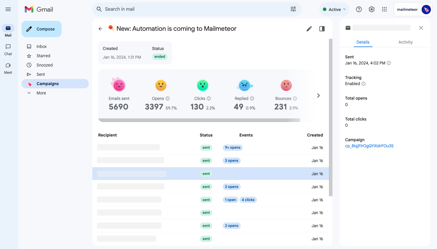 Mailmeteor for Gmail: Campaign analytics