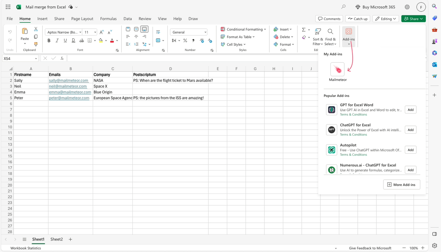 Mailmeteor for Excel add-in