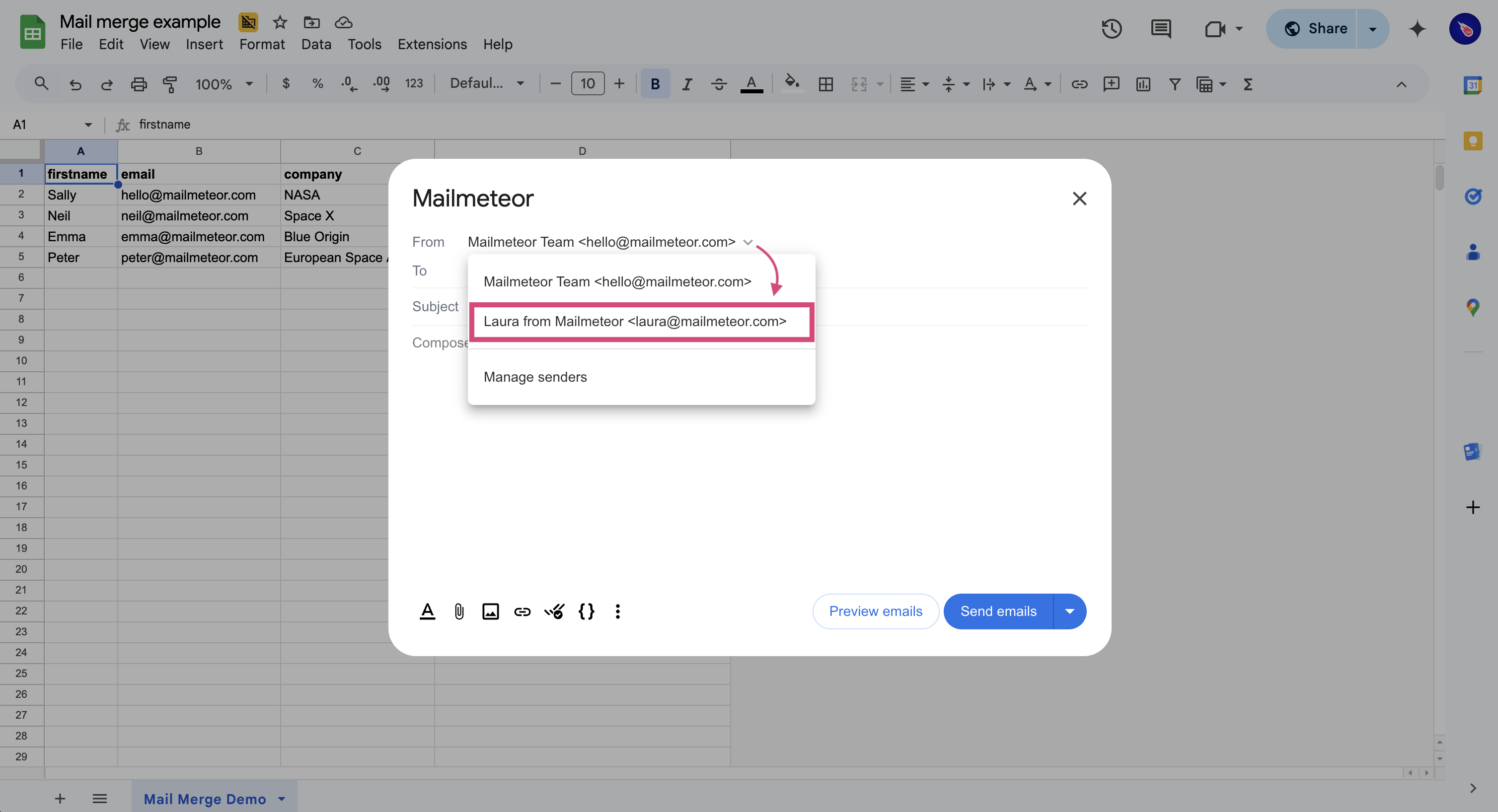 Selecting a sender from the dropdown menu in Mailmeteor Dashboard