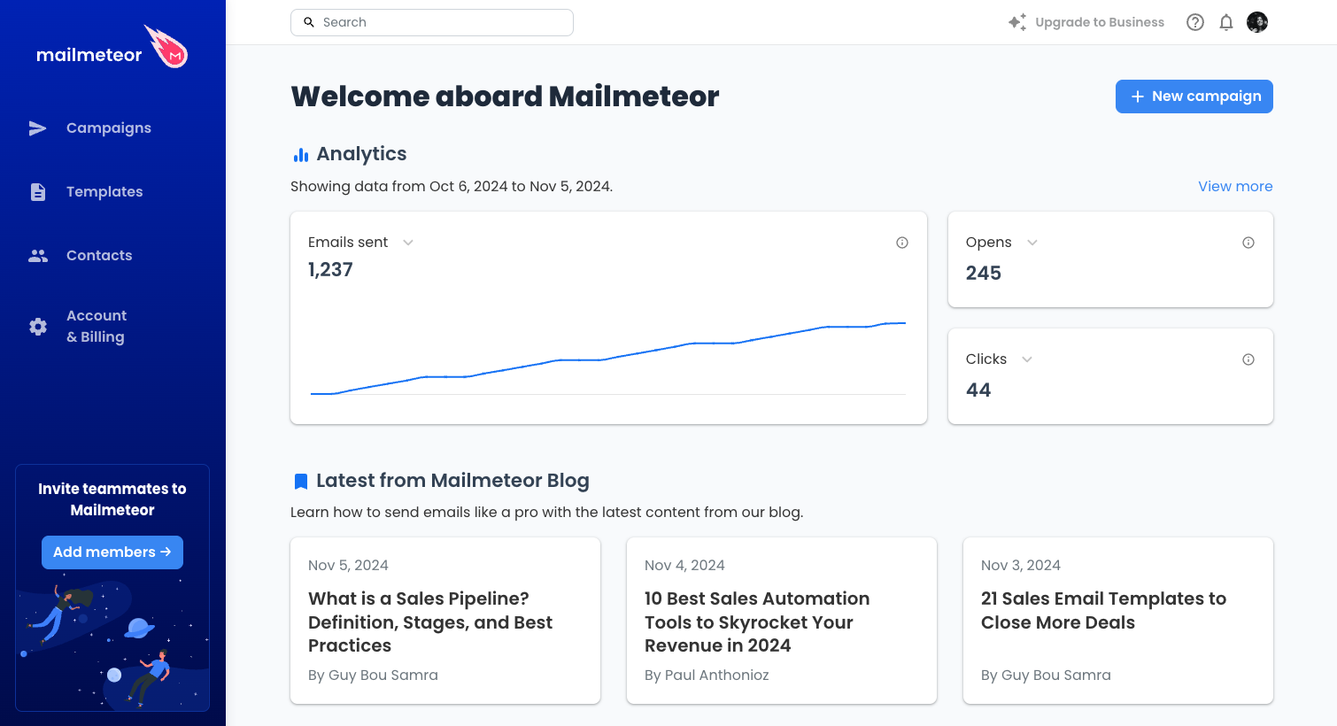 Mailmeteor Dashboard Homepage