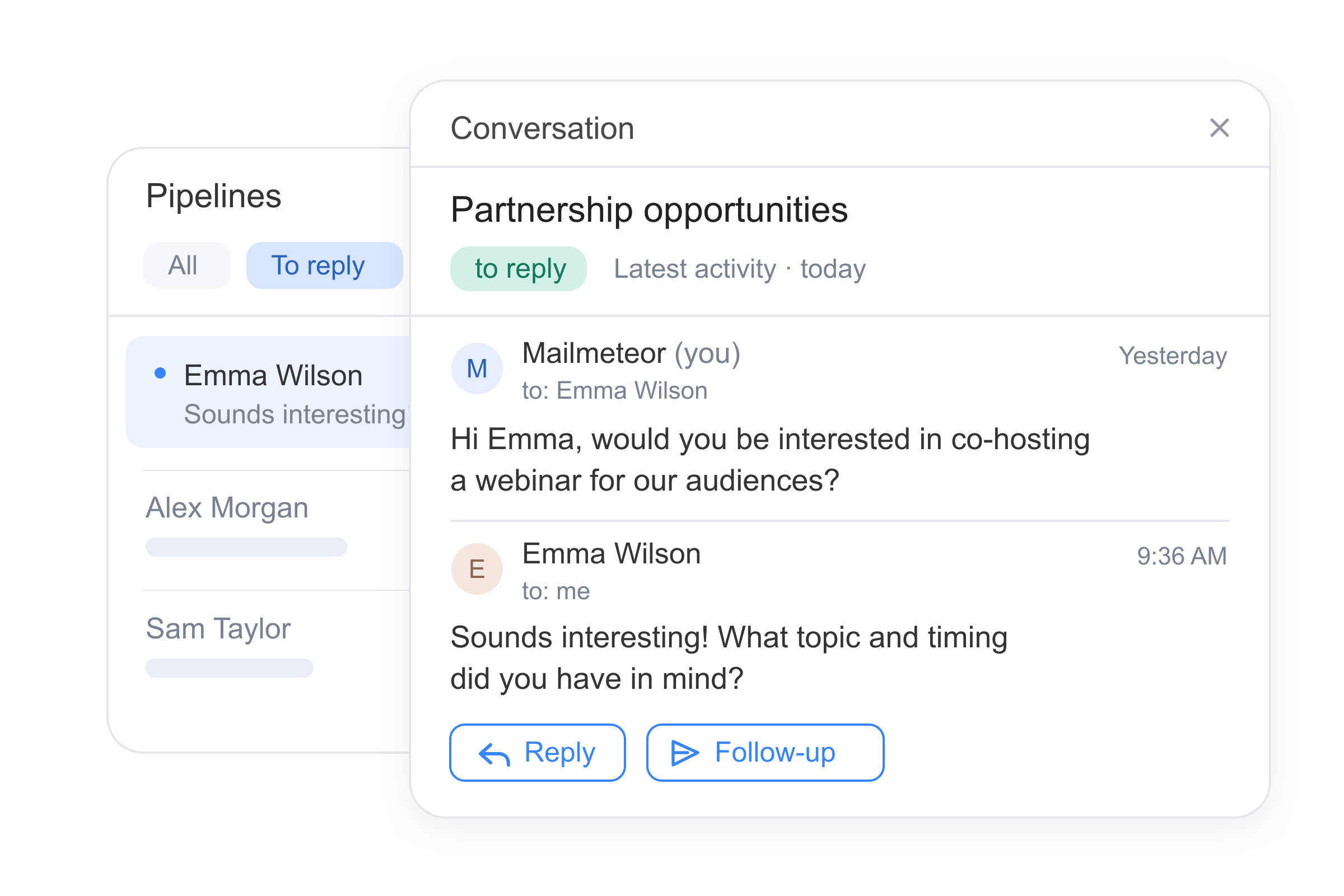 Full email conversation open beside the campaign list in Mailmeteor Pipelines