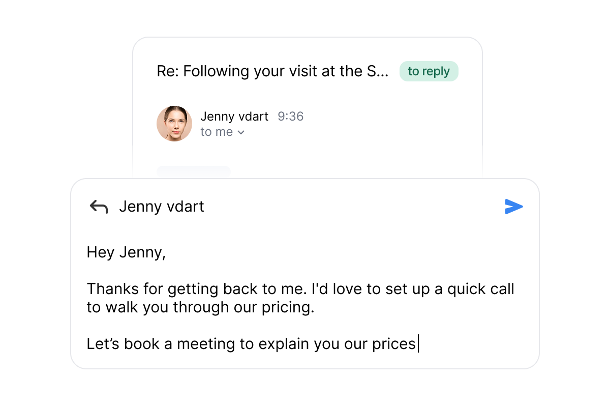 Full email conversation thread shown inside Mailmeteor