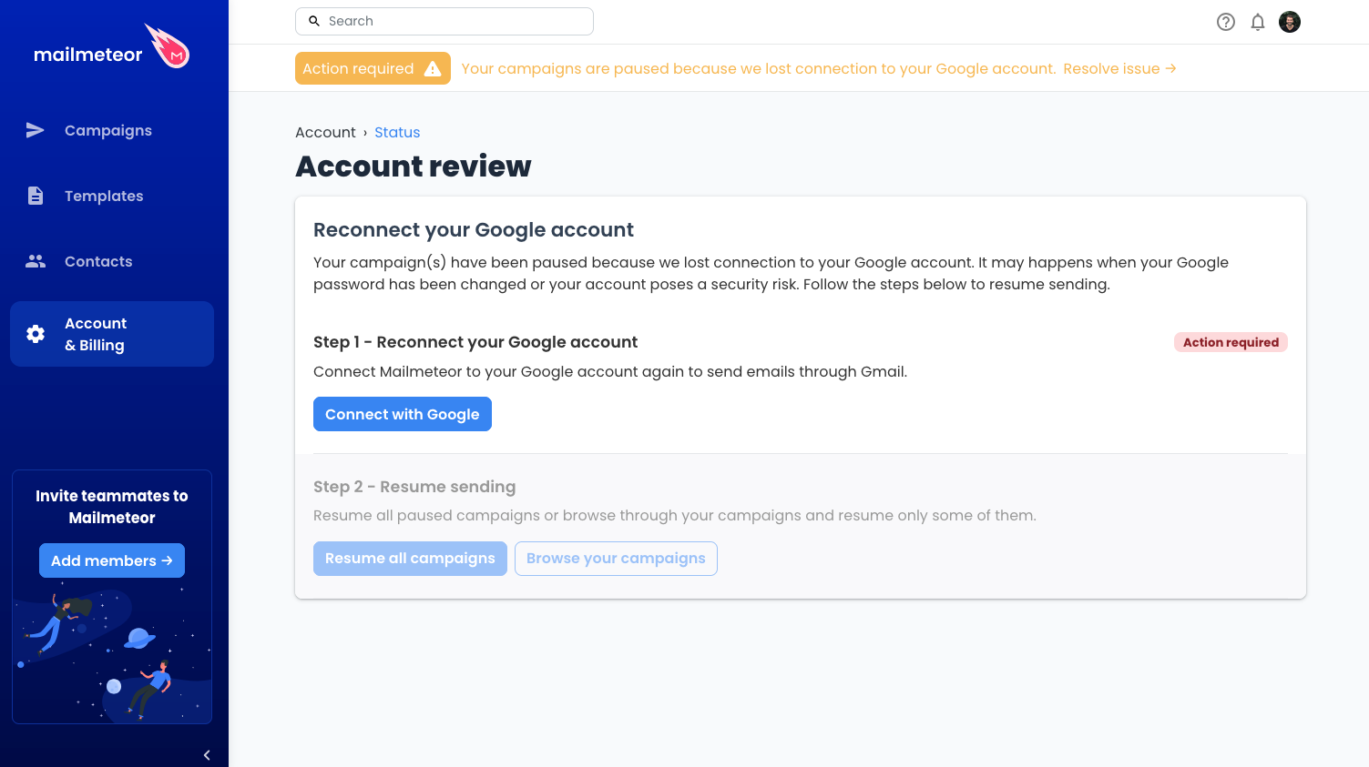 Action required in Mailmeteor Dashboard to reconnect your Google account