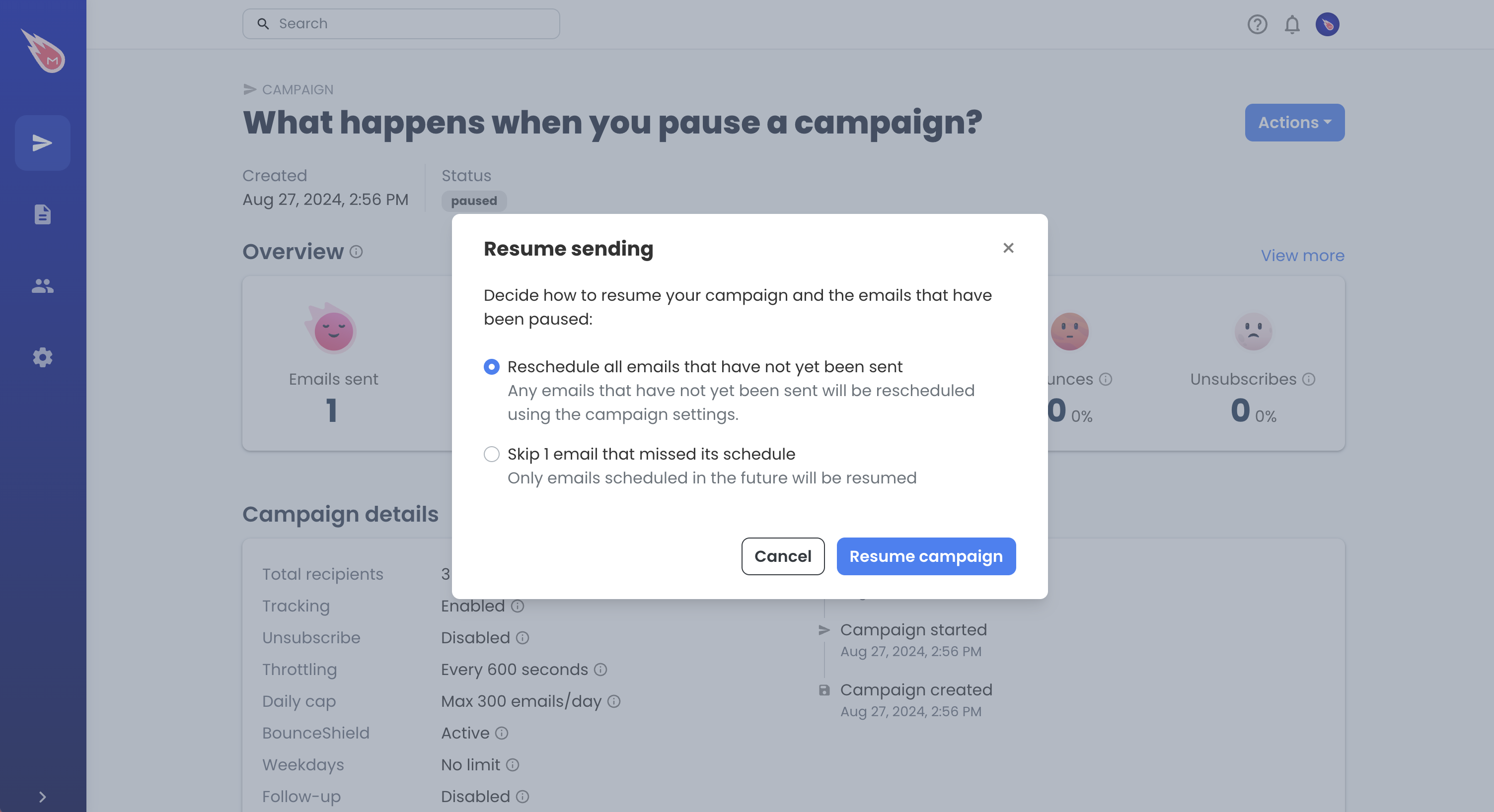 Resume a paused campaign