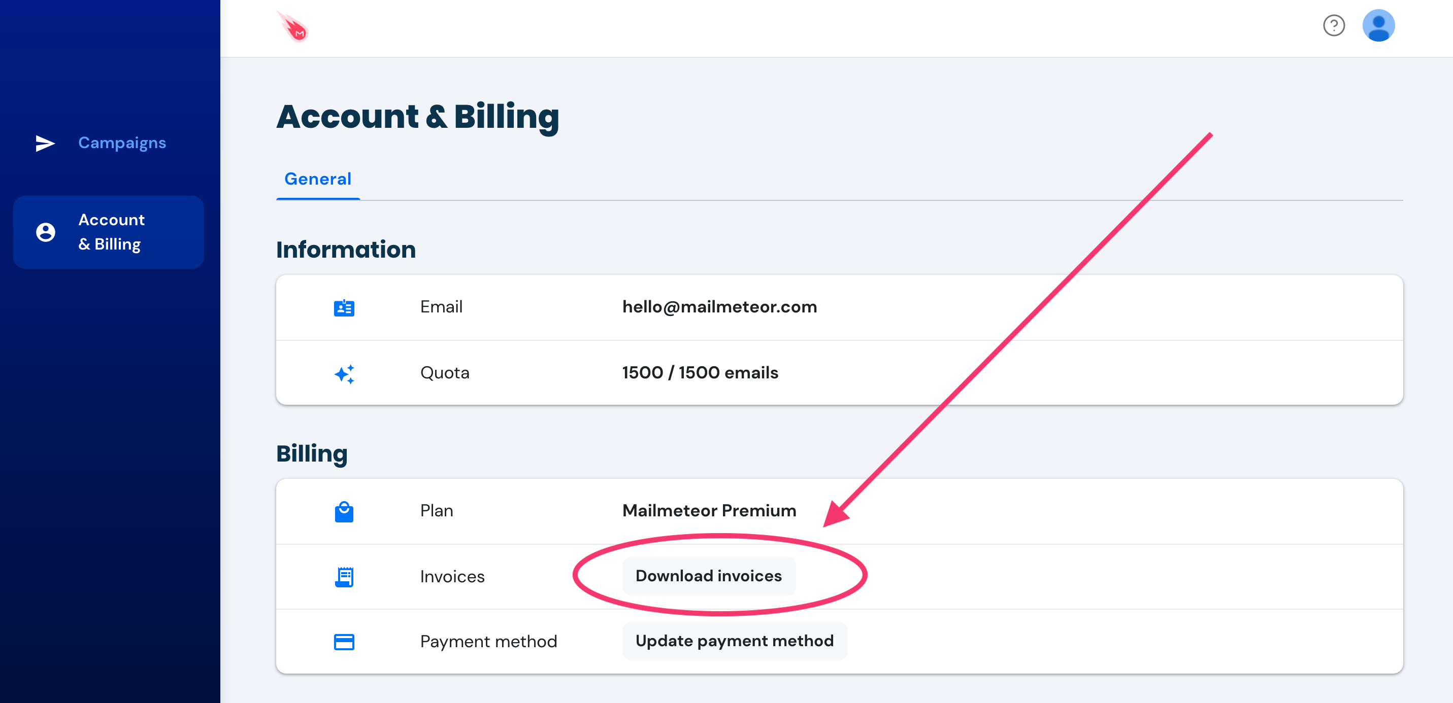 Download invoices from Mailmeteor Dashboard