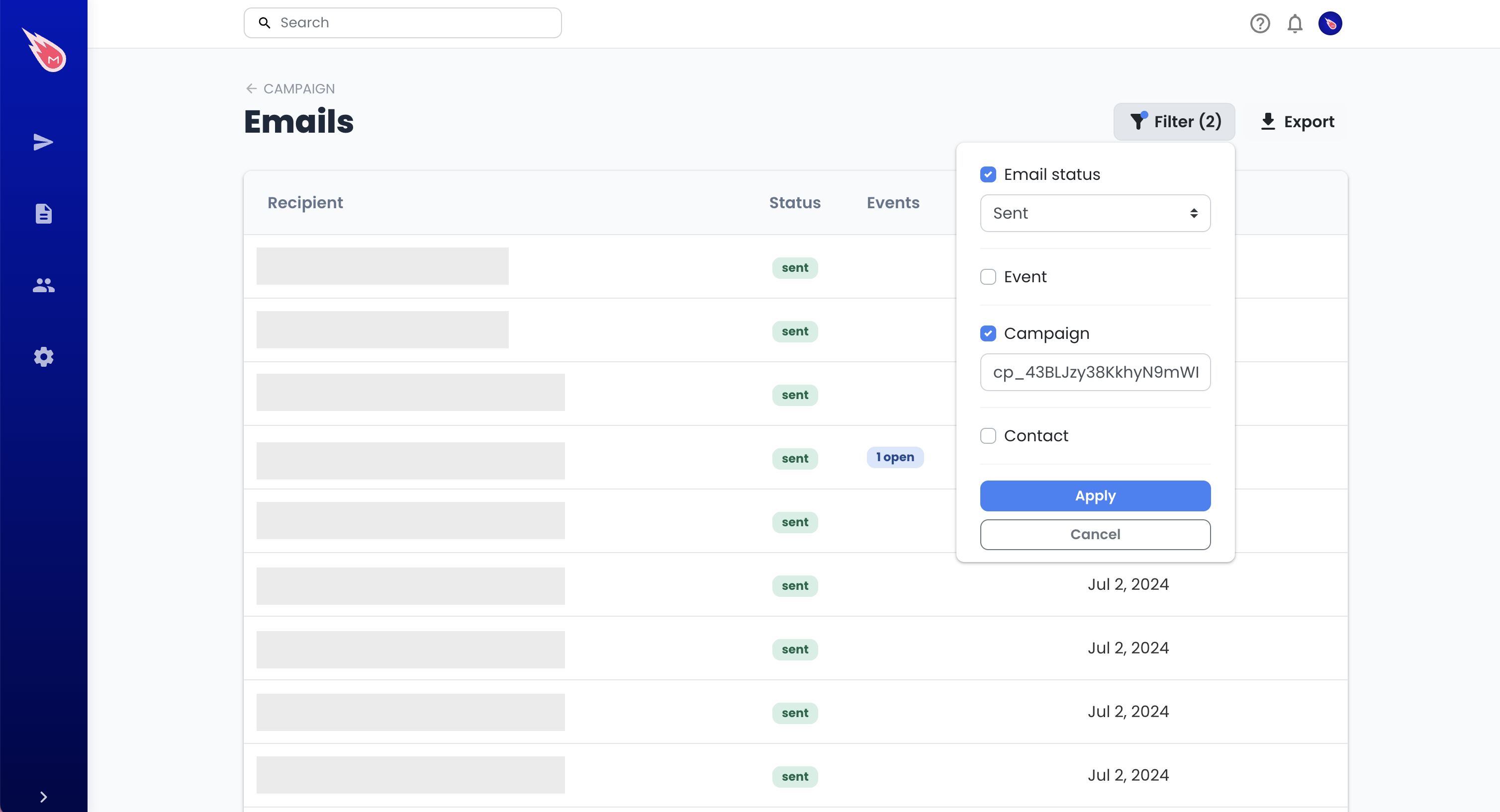 Filtering emails in the Mailmeteor Dashboard