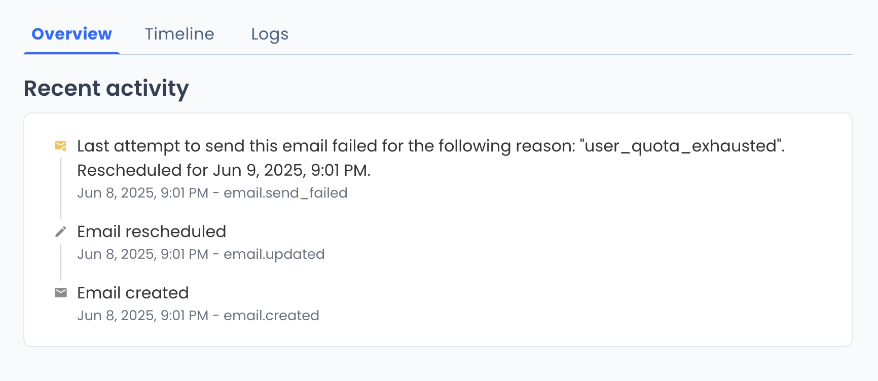 Last attempt to send this email failed for the following reason user_quota_exhausted