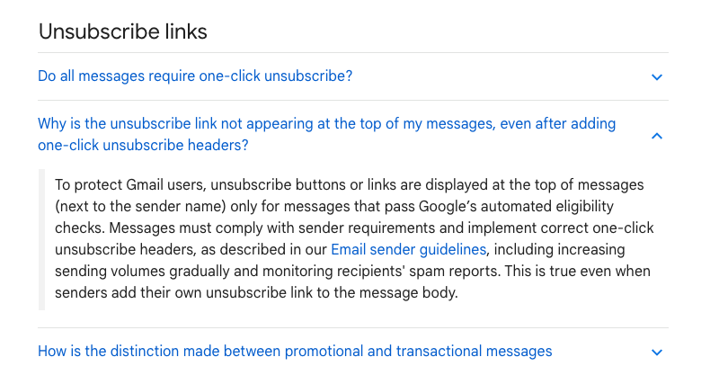 Gmail one-click unsubsribe documentation