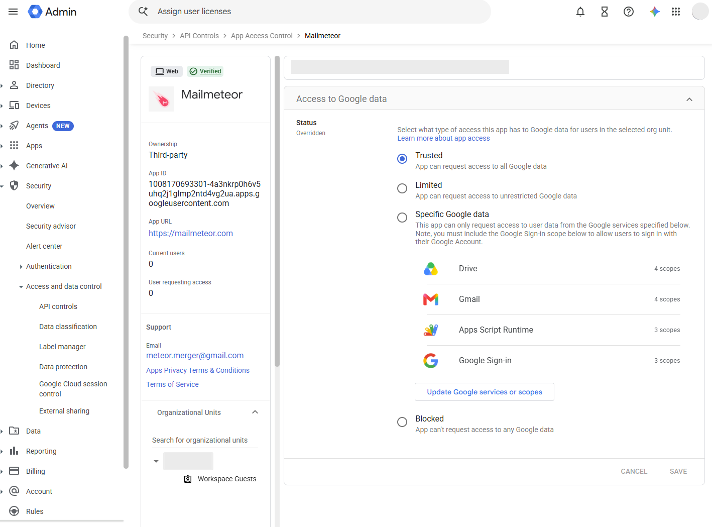 Mailmeteor's entry in Google Admin Console's App Access Control page