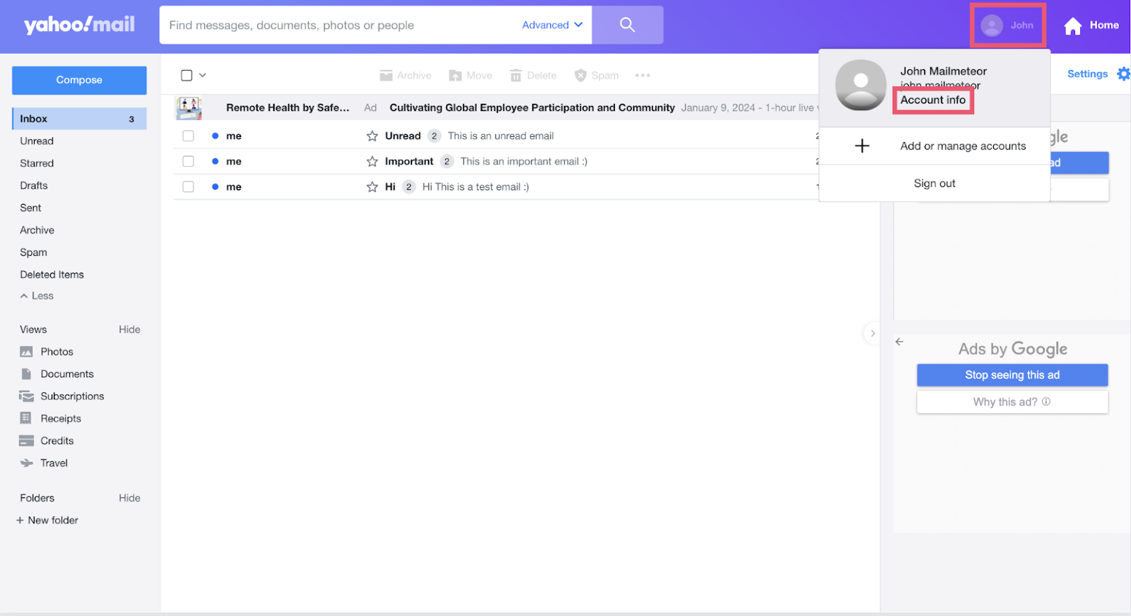 Yahoo Mail access account settings