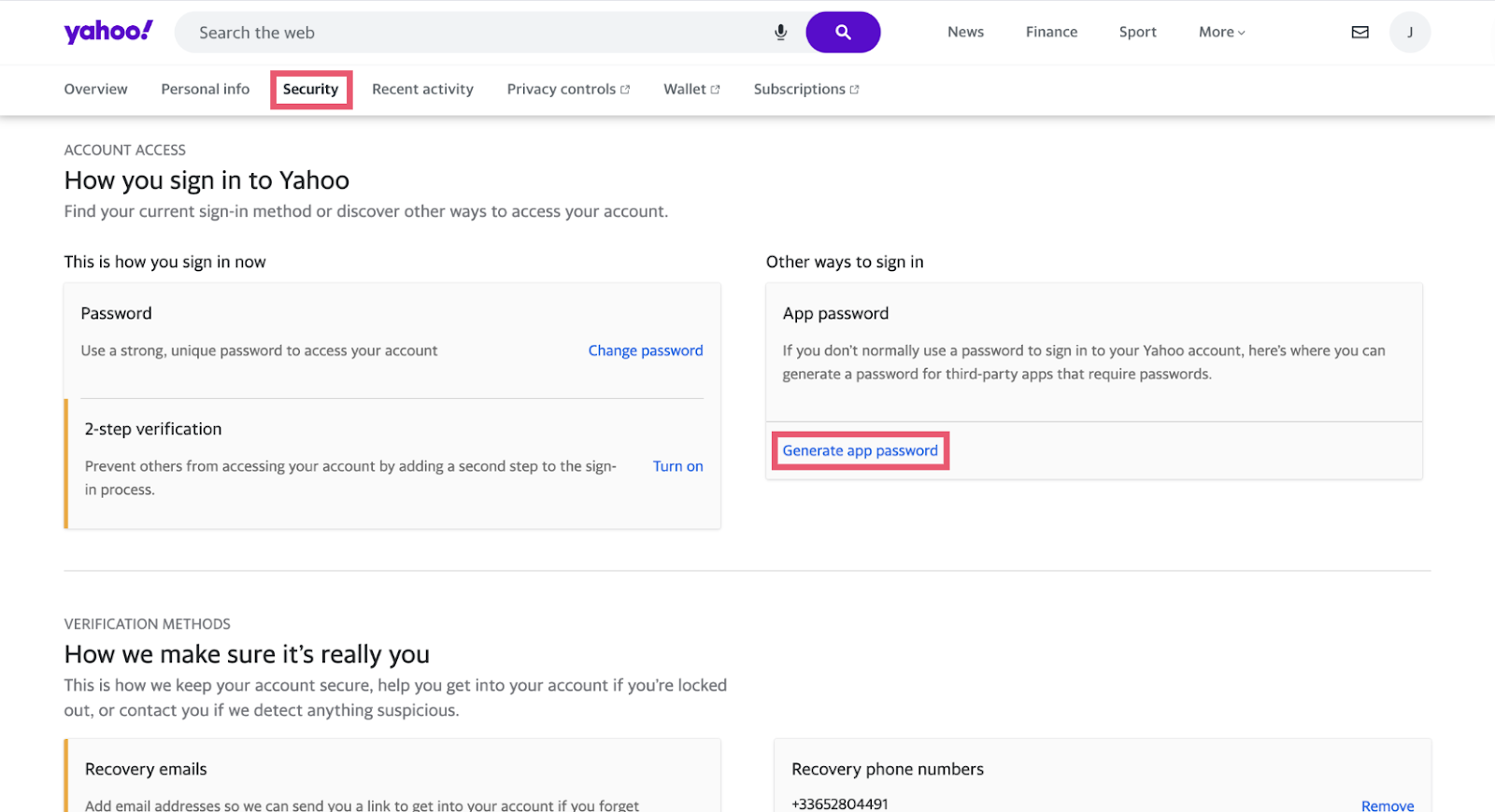 Yahoo Mail settings > Generate app password