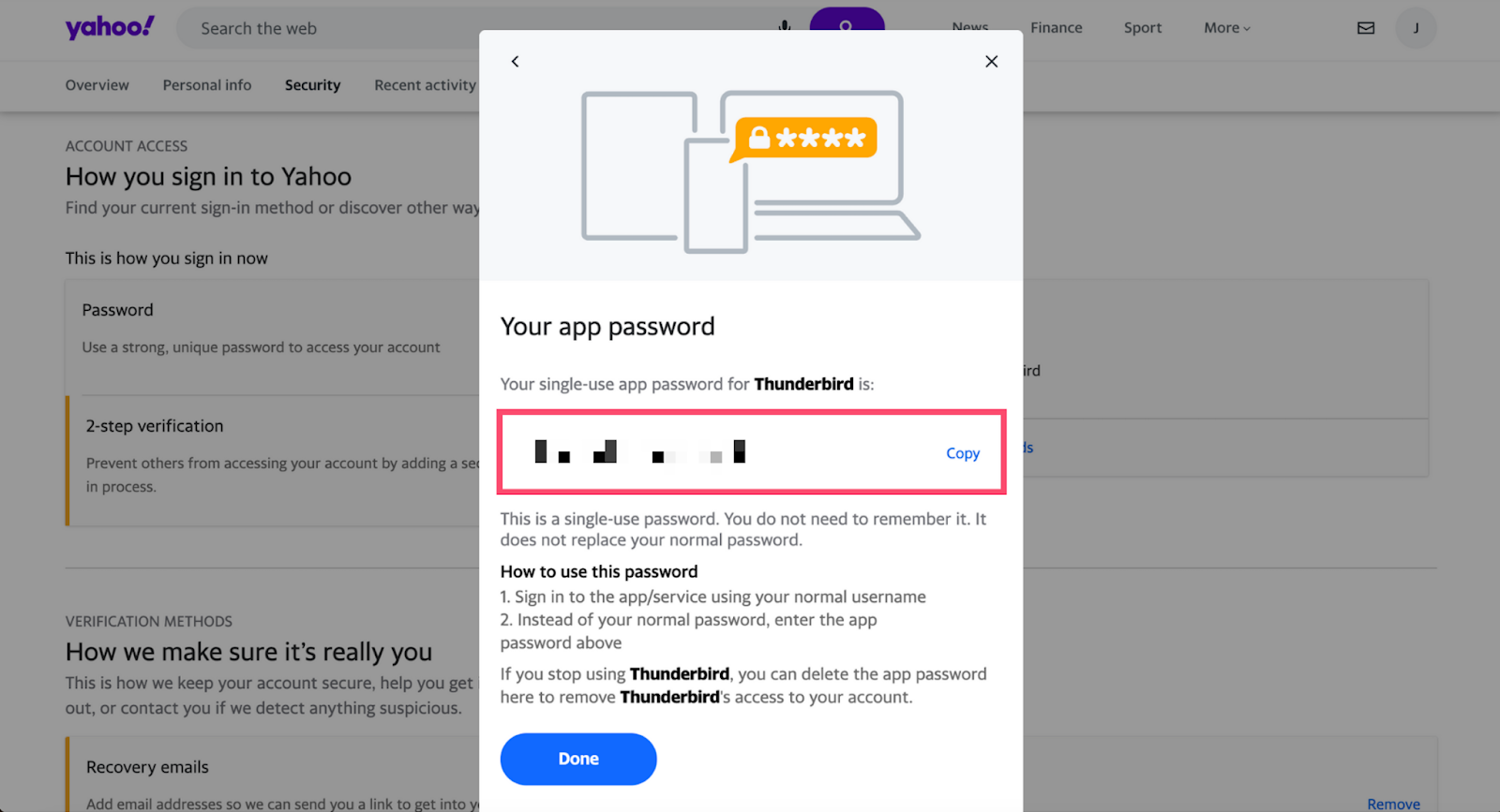 Yahoo Mail settings > Copy App Password