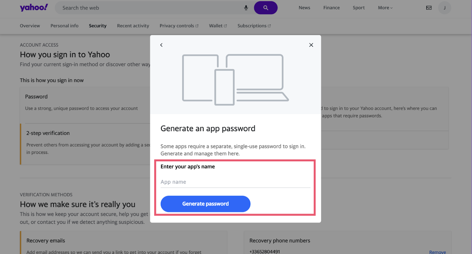 Yahoo Mail settings > App Password Generation