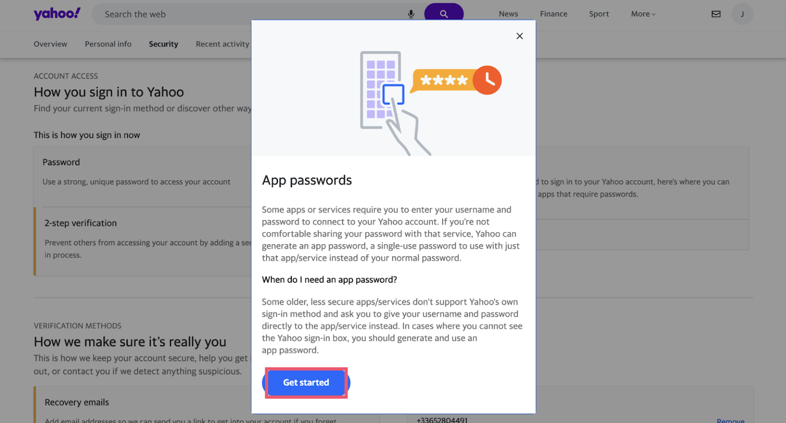Yahoo Mail settings > App Password Gettting Started